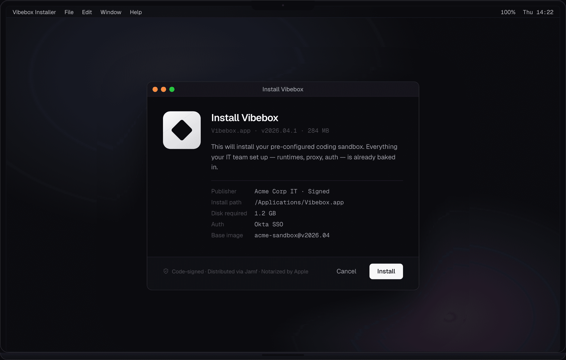 Vibebox installer dialog with publisher signature, install path and disk requirements