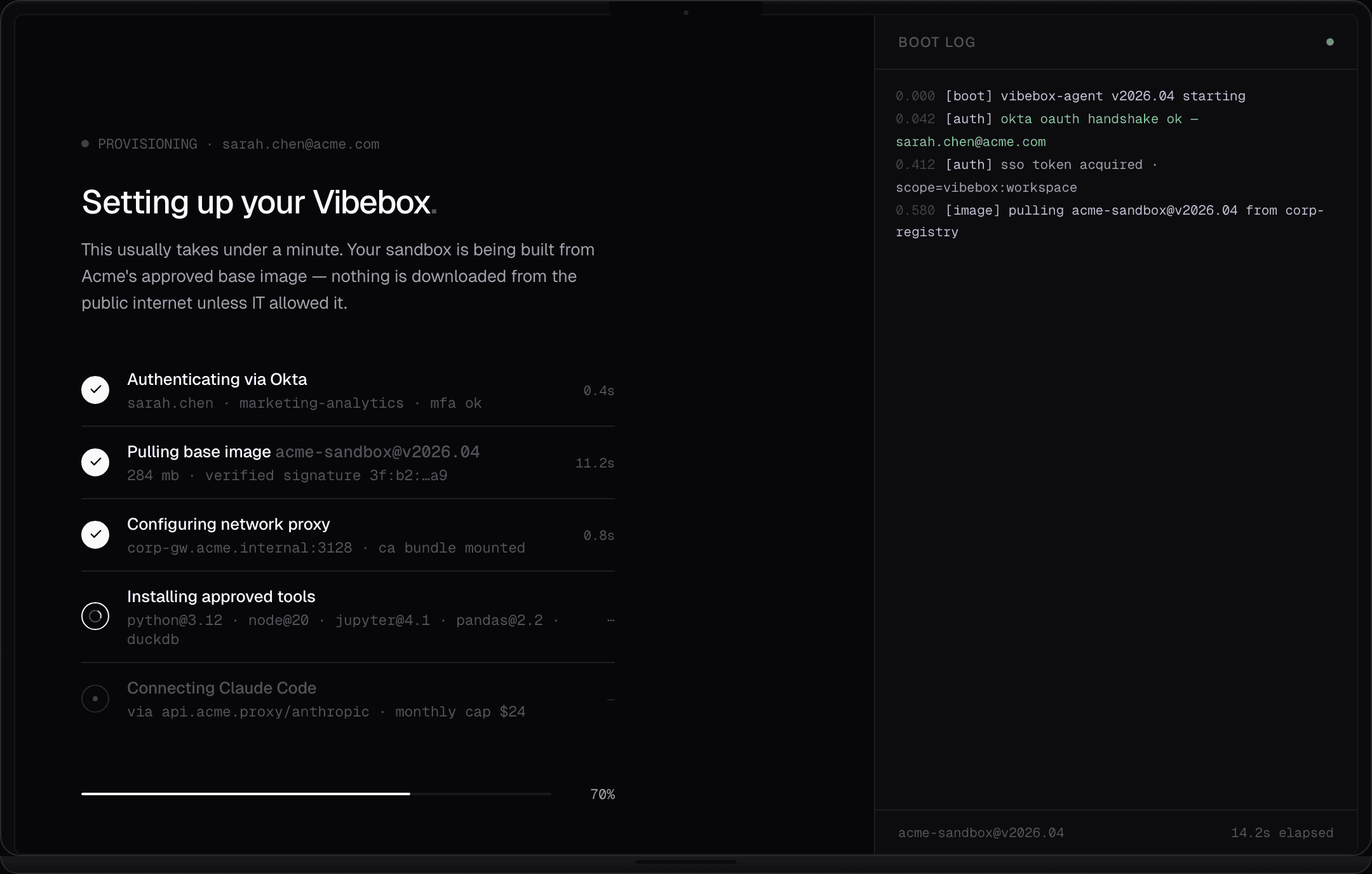 Vibebox provisioning checklist with tools, certificates, and AI runtime configured
