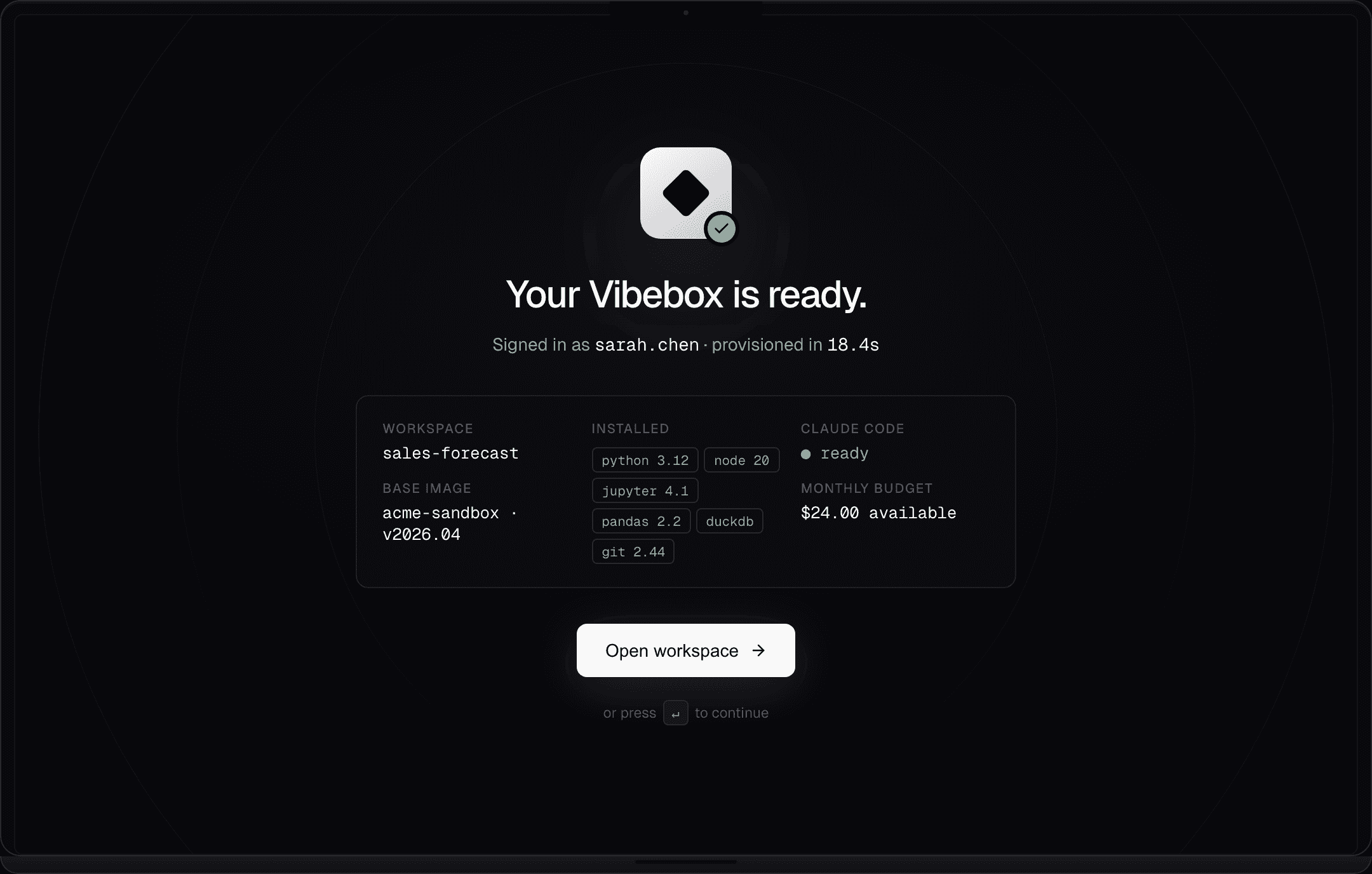 A ready Vibebox workspace: file explorer, code editor, dock, and token-budget widget
