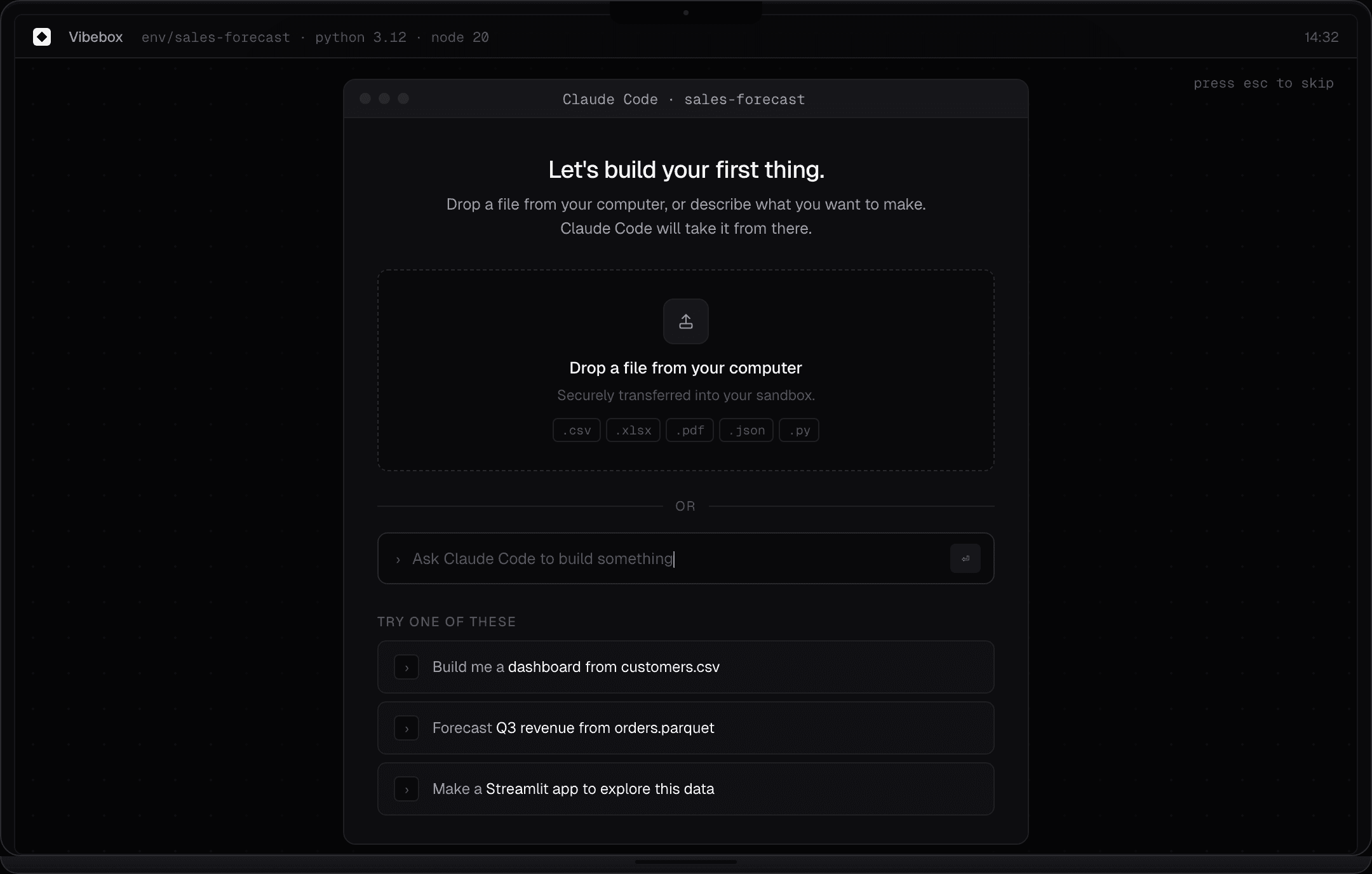 Vibebox workspace showing the first prompt: building a dashboard from a CSV